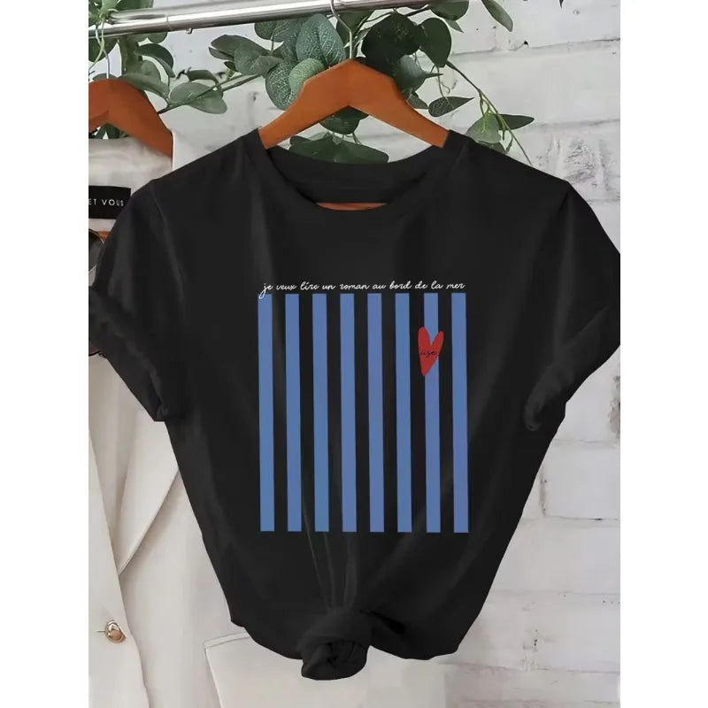 Blue Stripe and Red Heart Graphic T-shirt Spring Summer Loose Fit Womens Tee Casual Shirt Daily Wear Easy Wear Fashion Top