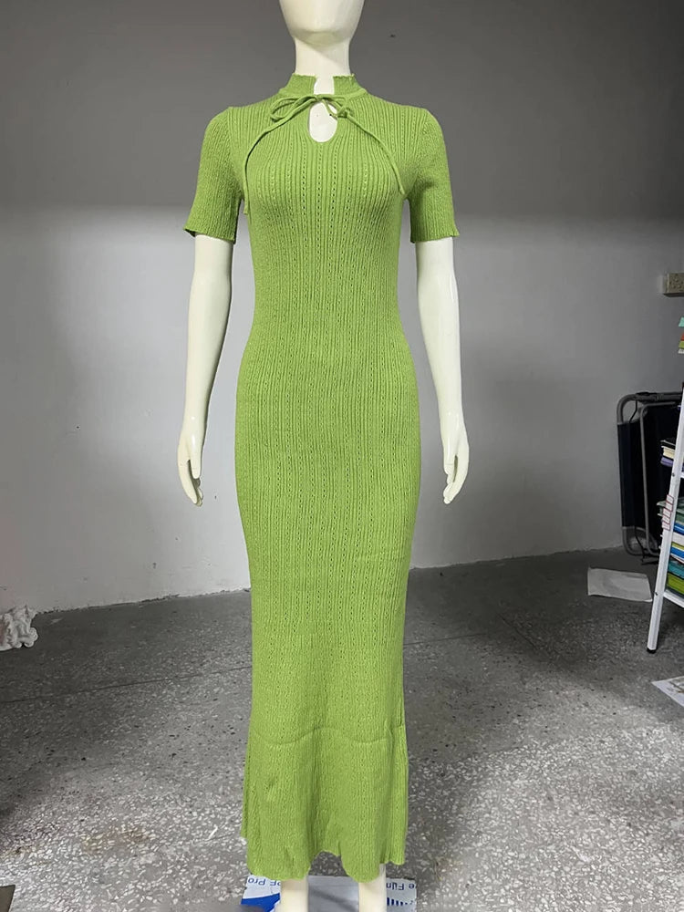 Long Dress Female Short Sleeve Slim Hollow Retro Elegant Sweater Dress 2025 Summer High Waist Woman Dress