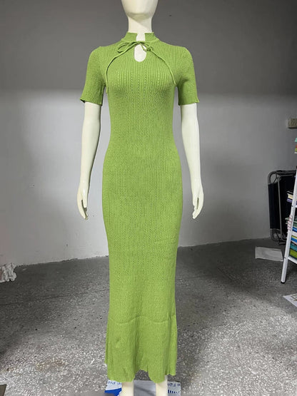 Long Dress Female Short Sleeve Slim Hollow Retro Elegant Sweater Dress 2025 Summer High Waist Woman Dress