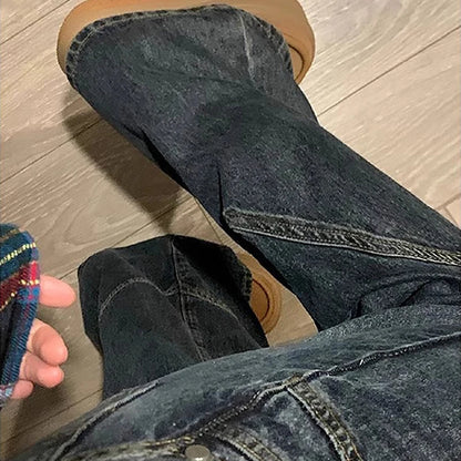 Calça Jeans Y2K Spicy Girl Série Escura Perna Larga Feminina Nova Streetwear Splicing Solta Cintura Alta Modeladora Boca de Sino