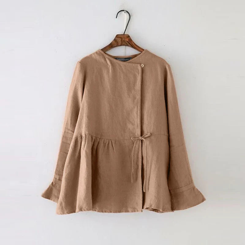 2024 Fashion Vintage Women Long Flare Sleeve Blouse Spring Cotton Shirt Casual Work Blusas Mujer Solid Lace Up Tops Tunic