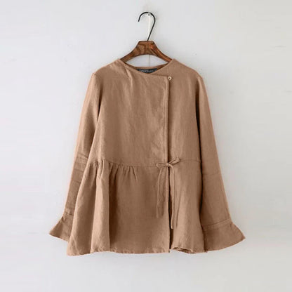 2024 Fashion Vintage Women Long Flare Sleeve Blouse Spring Cotton Shirt Casual Work Blusas Mujer Solid Lace Up Tops Tunic