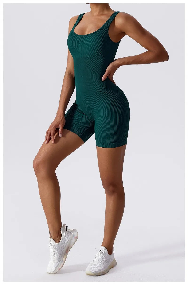 Women's Yoga Rompers One Piece Tummy Control Seamless Ribbed Jumpsuit Padded Sports Bra Workout Romper Fashion Fitness Sportwear