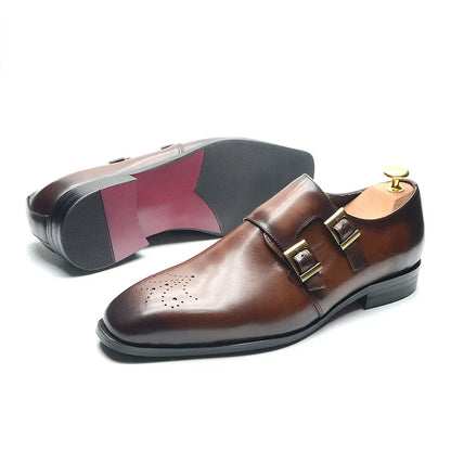 Italian Style Luxury Genuine Leather Monk Strap Men's Formal Shoes Double Buckles Brogue Pointy Toe Business Office Dress Shoes