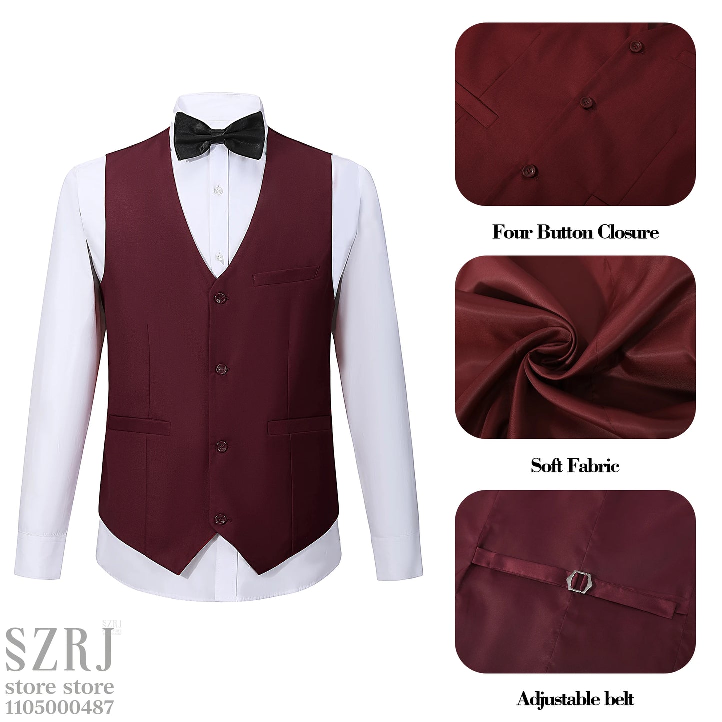 Men's 5-Piece Business Suit Set: Jacket+Vest+Pants+2 Bow Ties (Red+Blue).Premium, Tailored， For Parties, Weddings, Business.