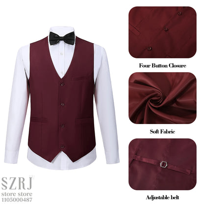 Men's 5-Piece Business Suit Set: Jacket+Vest+Pants+2 Bow Ties (Red+Blue).Premium, Tailored， For Parties, Weddings, Business.