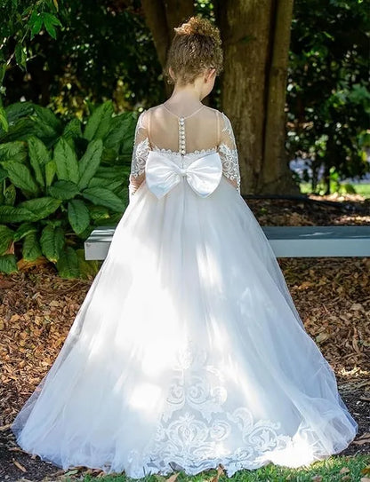 Communion Girl Dress Lace Appqulies Bodice Floor-length Skirt Puffy Dress with Long Train Formal Party Toddler Clothe