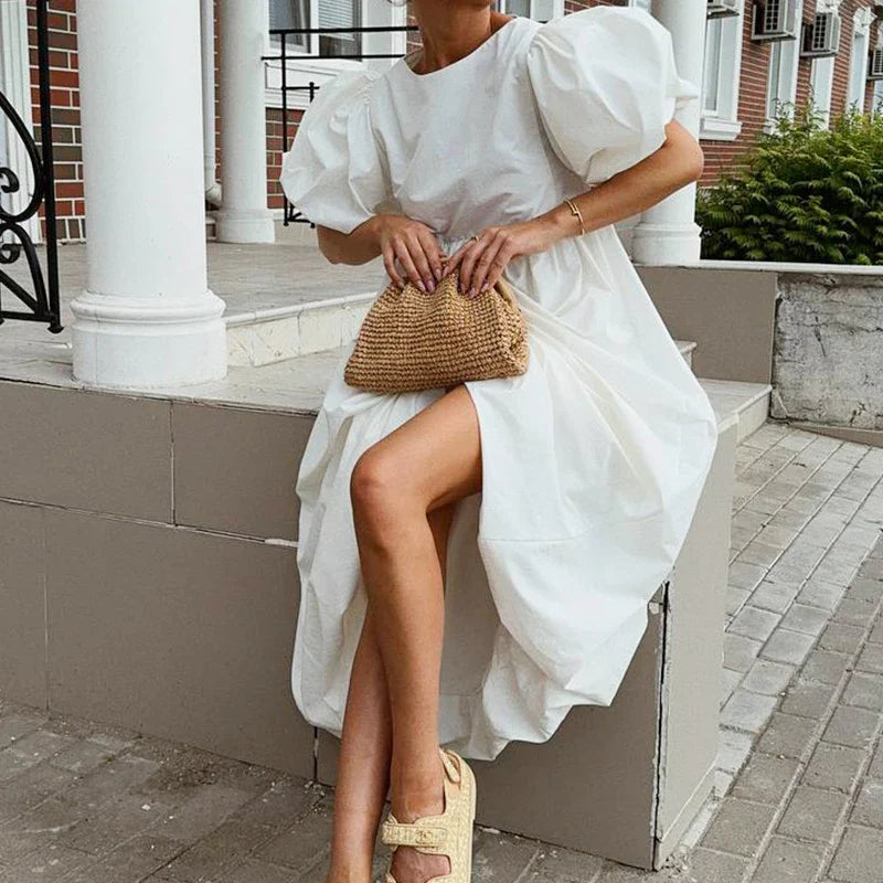 2026 Women Summer Puff Sleeve Bohemain White Long Dress High Waist Loose Style Cotton Boho Maxi Dress Vestidos Clothes