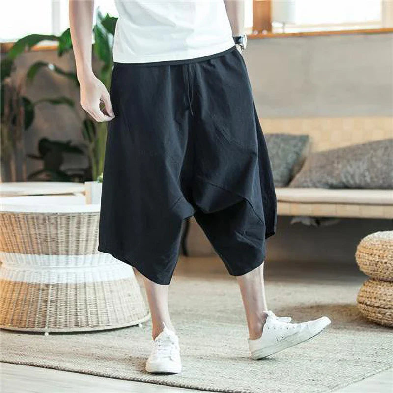 Summer Thin Beach Cotton Linen Casual Shorts Men Japenese Wide Leg Baggy Capris Pants Male Sport Running Shorts 2025 New
