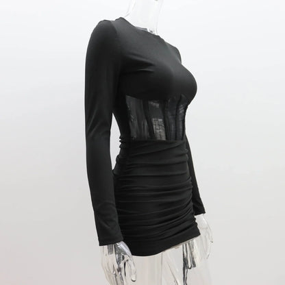 Hollow Out Bodycon Dress Women O Neck Long Sleeve Mini Vestidos Ribbed Hot Sexy Dresses Fashion High Street Wear