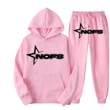 Streetwear NOFS Star Print Tracksuit Black Hoodie and Joggers Set for Men Women