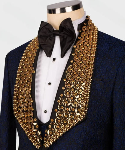 Jacquard Crystals Men Suit Set 2 Pieces Blazer+Pant Formal Office Male Jacket Prom Cotton Coat Trousers Groom Wedding Tuxedos