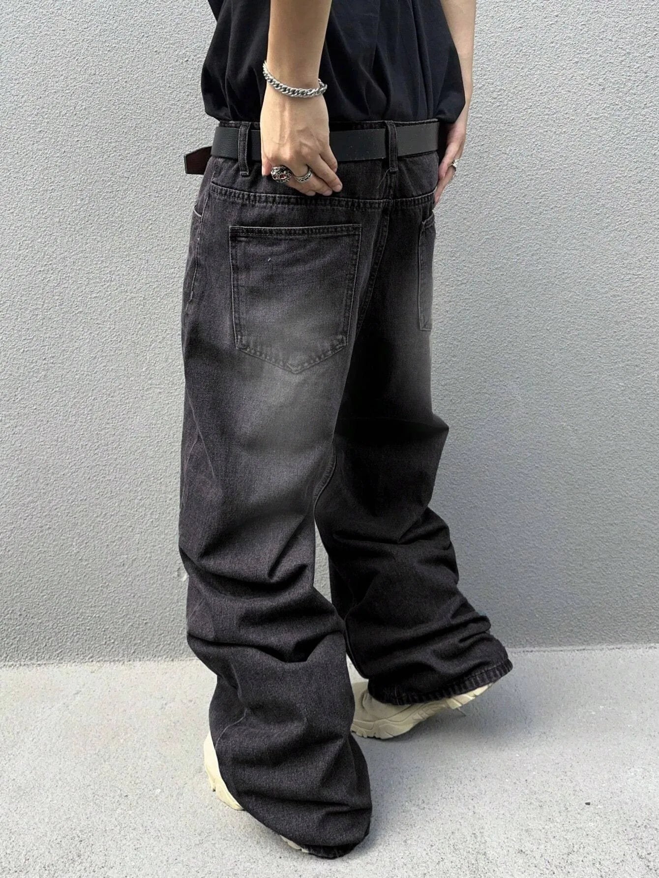 1Pc Men's Daily Travel Casual American Street Loose Jeans, Black, Light Blue, Sea Blue Fashion Street Style Retro Lantern Jeans Jeans Denim Pants