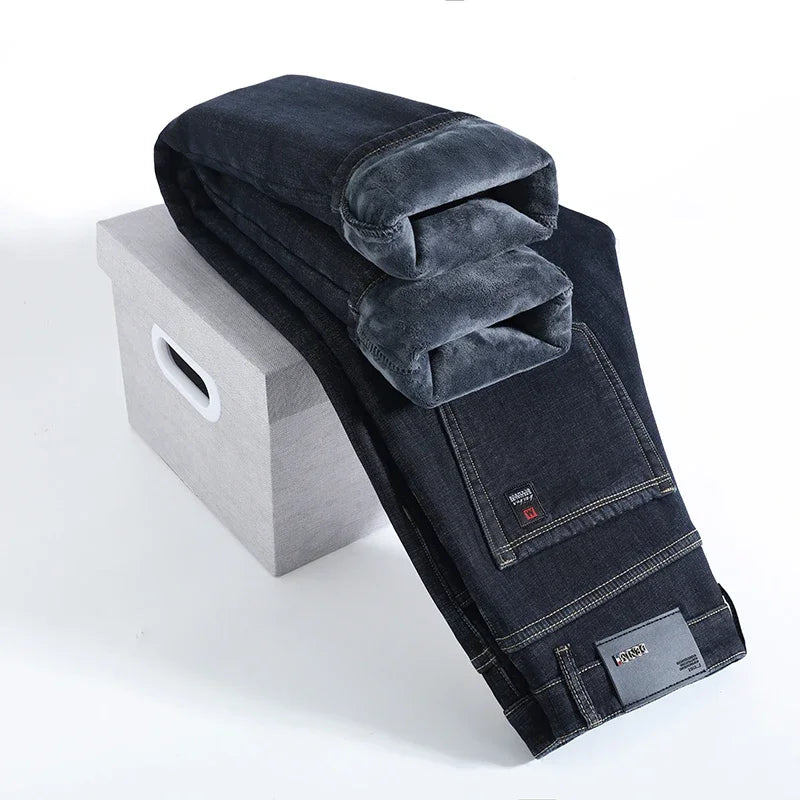 2023 Winter Men Black Blue Straight Stretch Denim Thick Velvet Pants Warm Jeans Casual Fleece Line Trousers Male Plus Size
