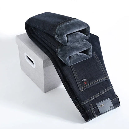 2023 Winter Men Black Blue Straight Stretch Denim Thick Velvet Pants Warm Jeans Casual Fleece Line Trousers Male Plus Size