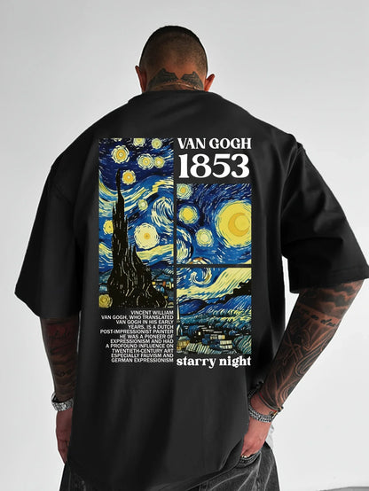 Men's summer 100% pure cotton fashionable casual loose tribute Van Gogh famous painting printed round neck short sleeved T-shirt