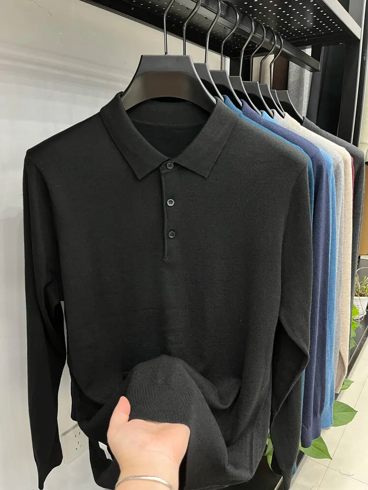Men's Long Sleeve Fashion Casual Polo, Shirt Collar Pullover Sweater. Business Sweater T-shirt Golf Spring & Autumn Wool