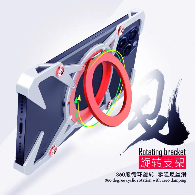 Mechanical Metal Frameless Heat Dissipation Hollow Cover For iPhone 17 Pro Max Alloy Heavy Duty Magnetic 360 Ring Holder Case
