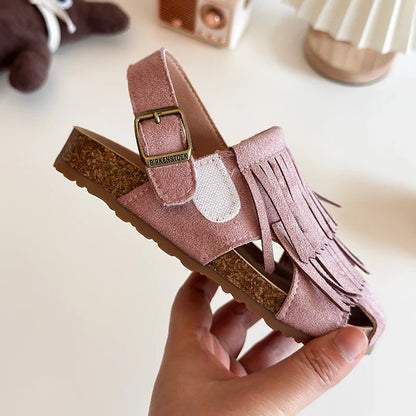 Summer Peep Toe Tassel Children Shoes Girls Sandals Soft Bottom Flat Heel Buckle Girl's Shoes Back Strape Slingbacks Shoe I05285
