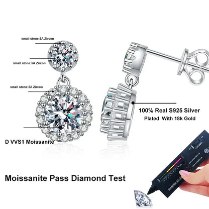 1ct Moissanite Earrings for Women S925 Sterling Silver 18k White Gold Plated Diamond Drop Earring Gifts with Certificate