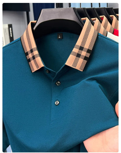 Fashion brand plaid lapel short sleeve polo shirt men summer new style simple solid color high-end business casual golf T-shirt