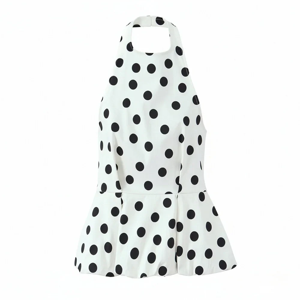2026 new women's clothing sweet and fashionable hanging neck collar off shoulder polka dot balloon version vest top