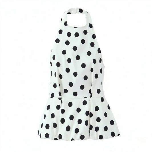 2026 new women's clothing sweet and fashionable hanging neck collar off shoulder polka dot balloon version vest top