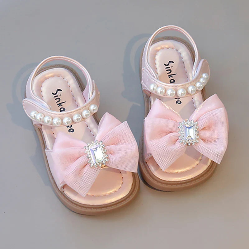 Summer Princess Sandals For Girls Luxury Diamond Pearl Girl's Sandals Trend Fashion Anti-slippery Girl's Beach Shoes Kids Sandal
