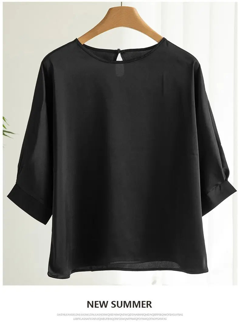 2026 New In Summer Satin Silk Half-Sleeve Tee Tops Basic Solid Women‘s T-Shirt Casual O-neck Thin Shirts Ladies Loose Blouses