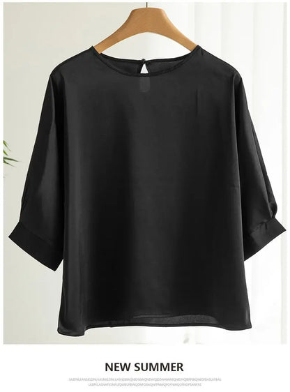 2026 New In Summer Satin Silk Half-Sleeve Tee Tops Basic Solid Women‘s T-Shirt Casual O-neck Thin Shirts Ladies Loose Blouses