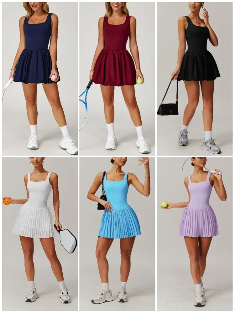 Workout Tennis Dress with Built in Shorts Square Neck Padded Workout Dress with Pockets Golf Athletic Mini Dresses