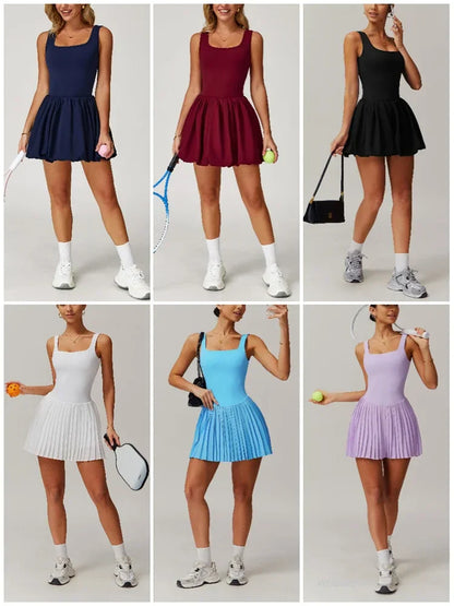 Workout Tennis Dress with Built in Shorts Square Neck Padded Workout Dress with Pockets Golf Athletic Mini Dresses