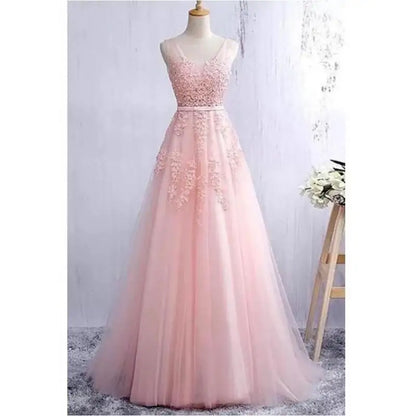 In Stock Pink Princess Prom Dresses Appliques Beaded V Neck Long Evening Dress Soft Tulle Bridesmaid Dress Vestidos De Fiesta