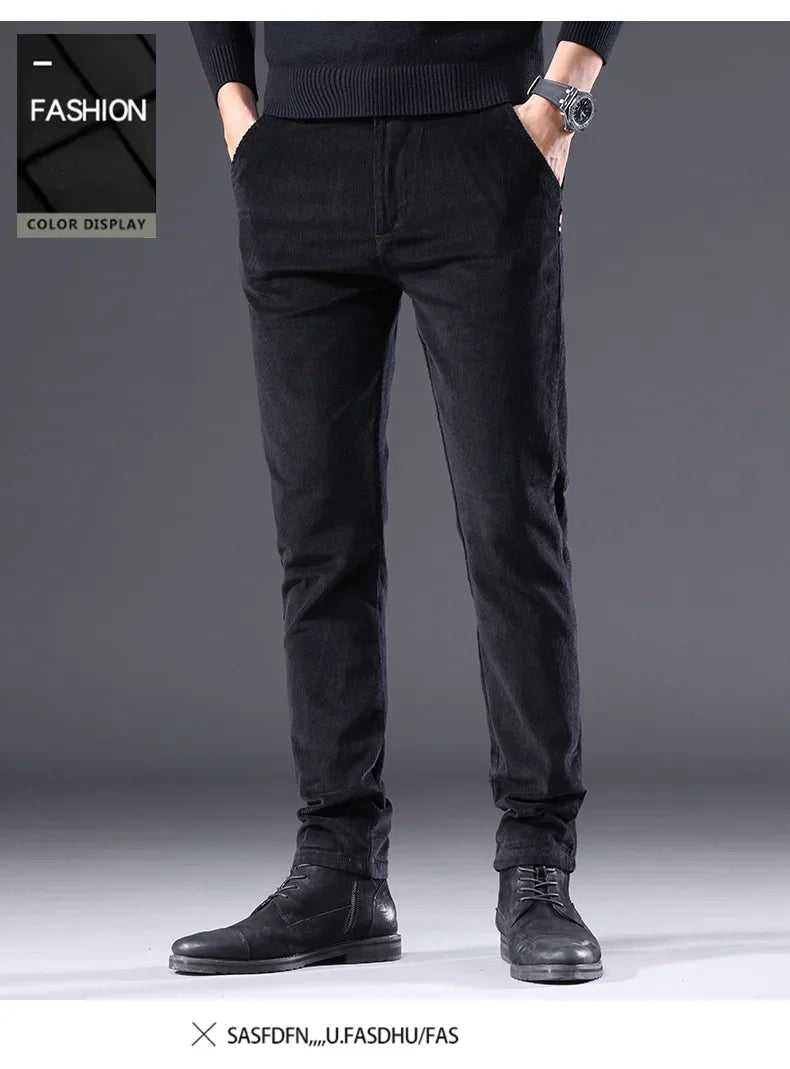 Men's Corduroy Slim Casual Pants 2024 Autumn New Coffee Fashion Stretch Straight Trousers Solid Color Male Clothes