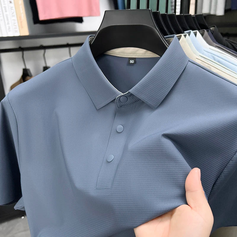 Summer Short Sleeve T-Shirt - Premium Jacquard Spandex, 7A Antibacterial, Seamless, Contrast Color, Split Hem, Wrinkle-Free Polo