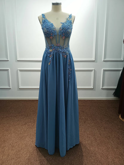 Real Photos Delicate Multi Color Prom Dress V Neck Beaded Appliques Illusion Spaghetti Strap Evening Gowns Lightning Delivery