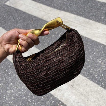Metal Handle Straw Bags for Women Half Moon Rattan Woven Chain Shoulder Bag Bohemian Travel Beach Bag Designer Crossbody Handbag