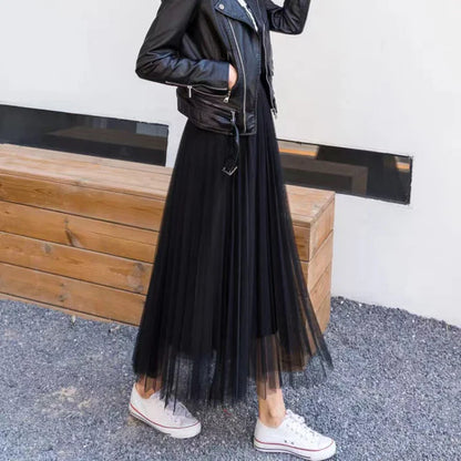 Elegant Women Tulle Skirt  Korean Fashion Mesh White A Line Ladies Pleated Skirt Summer Chic High Waist Black Party Faldas