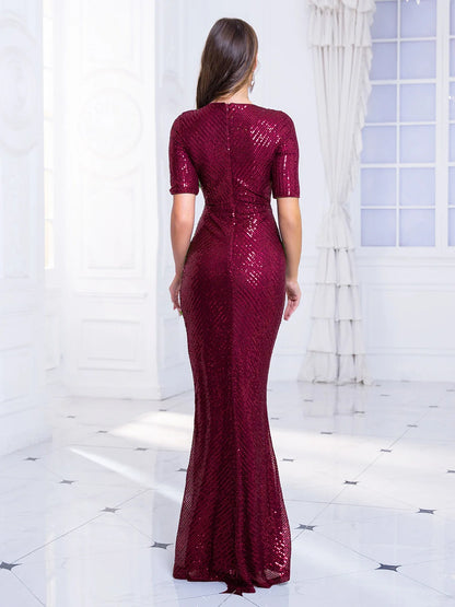 Half Sleeve Sweetheart Neck Sequined Maxi Dress Evening Prom Gown Cocktail Stretchy