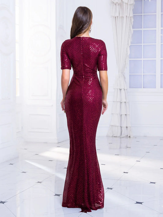 Half Sleeve Sweetheart Neck Sequined Maxi Dress Evening Prom Gown Cocktail Stretchy