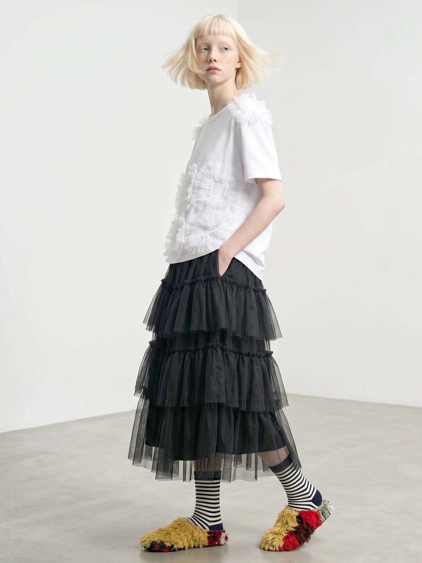 Forest style black cake skirt imakokoni spring Japanese mesh high waist mid length A-line skirt for women 265434