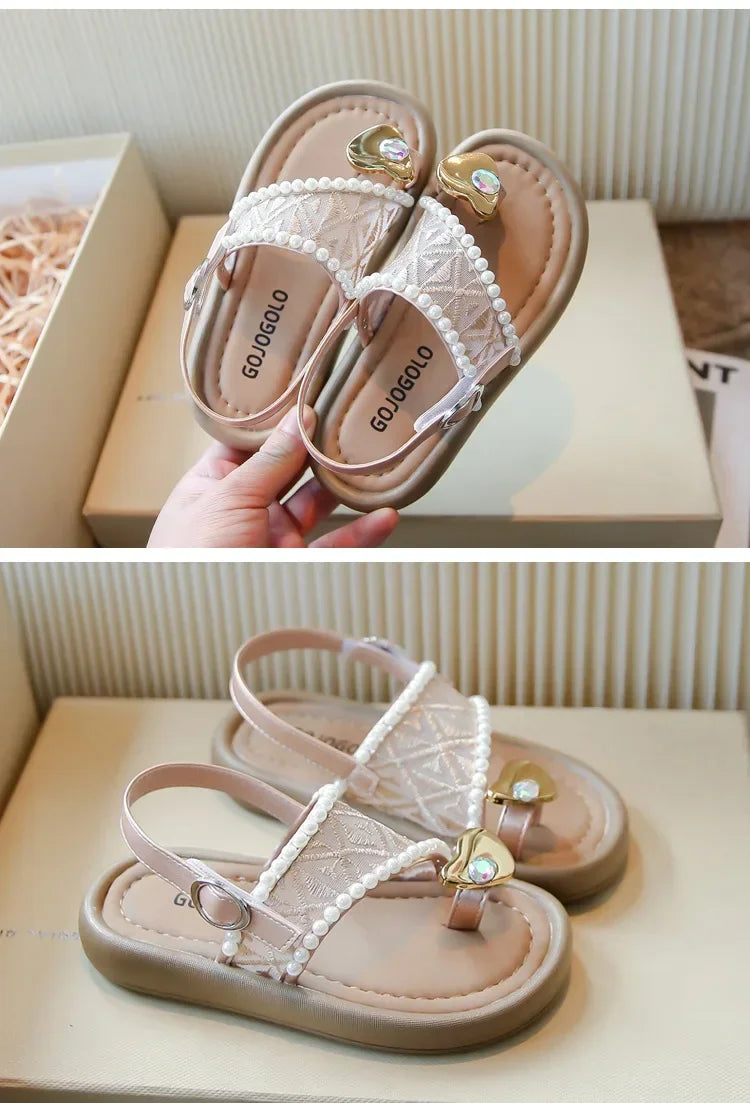 2025 Summer New Children Princess Pearl Cool Slippers for Girl Anti Slip Beach Sandals Toe Covering Casual Versatile Style Flats
