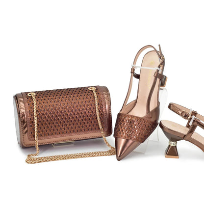 Fashion Women Italian Shoes and Matching Bags Sets Decorated with Rhinestone Fashion Party Shoes and Bag Match for Women