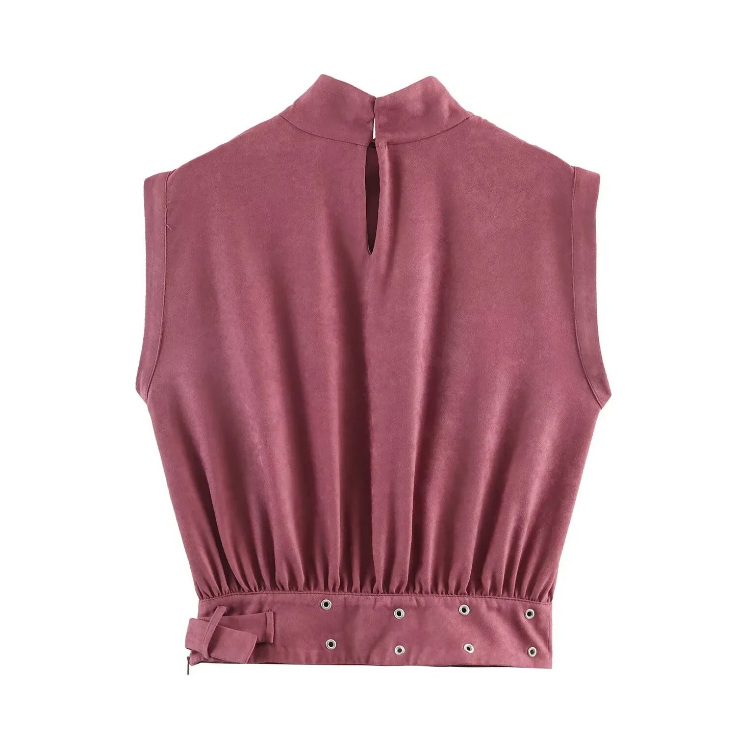 New Spring 2026 Women's High Collar Sleeveless Shoulder Ruffle Anti Velvet Effect with Buckle Top