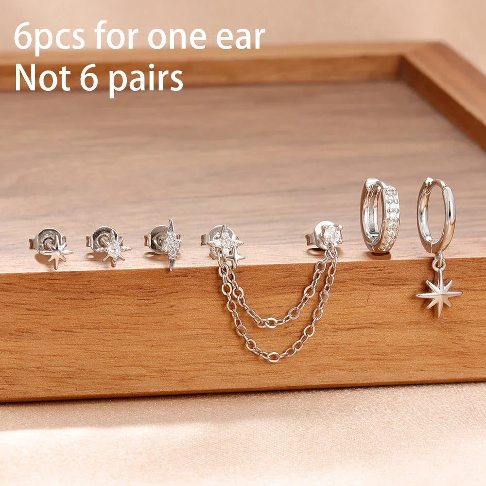 6PCS Fashion Cute Zircon Flower Ear Stud For Women Fashion 18K Gold Plated Star Ear Stud Earring Piercing Girl Set Jewelry Gift
