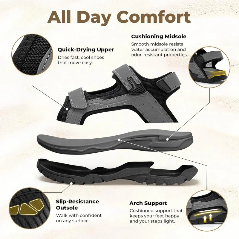 FitVille Mens Sandal Wide Toe Box Walking Athletic Sandals For Men With Arch Support Cushion Slip-Resistant Beach Sandals