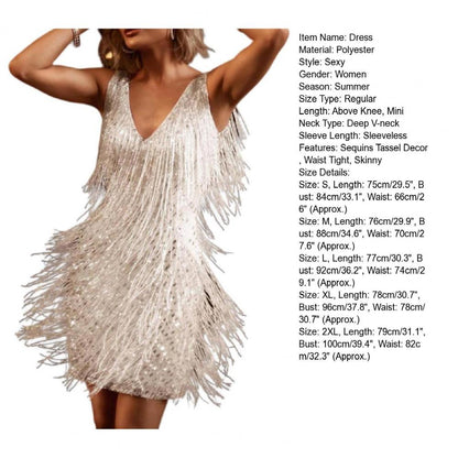 Elegant Dress Stretchy Tassel Sequins Decor Sexy Bodycon Mini Dress Pure Colors Above Knee Summer Dress Club Wear
