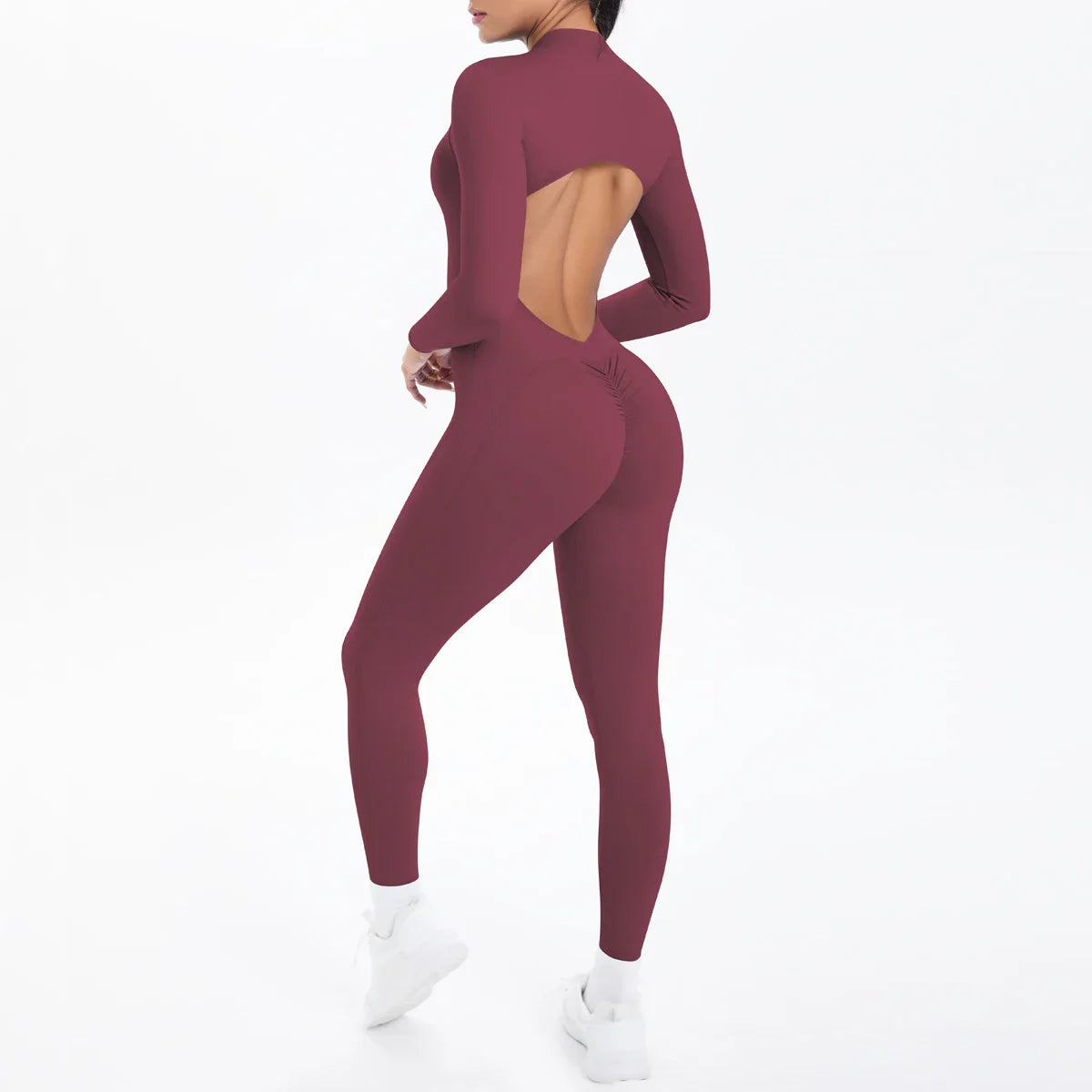 Solid Color Bodysuits for Woman's Backless Long Sleeved Zipper Yoga Jumpsuits High Dtrength Workout Sports Fitness Clothing Set