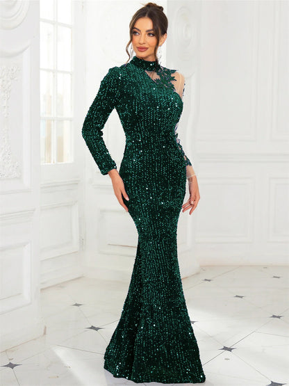 Royal Blue Full Sleeved Lace Floral Sequined Velvet Evening Dress High Neck Hollow Out Long Prom Gown