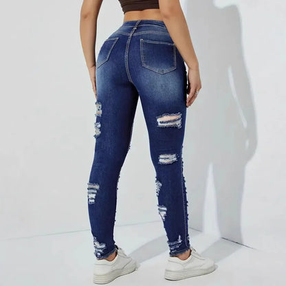 Denim Pants with Hole And Frayed Hem Fashion Casual Trousers